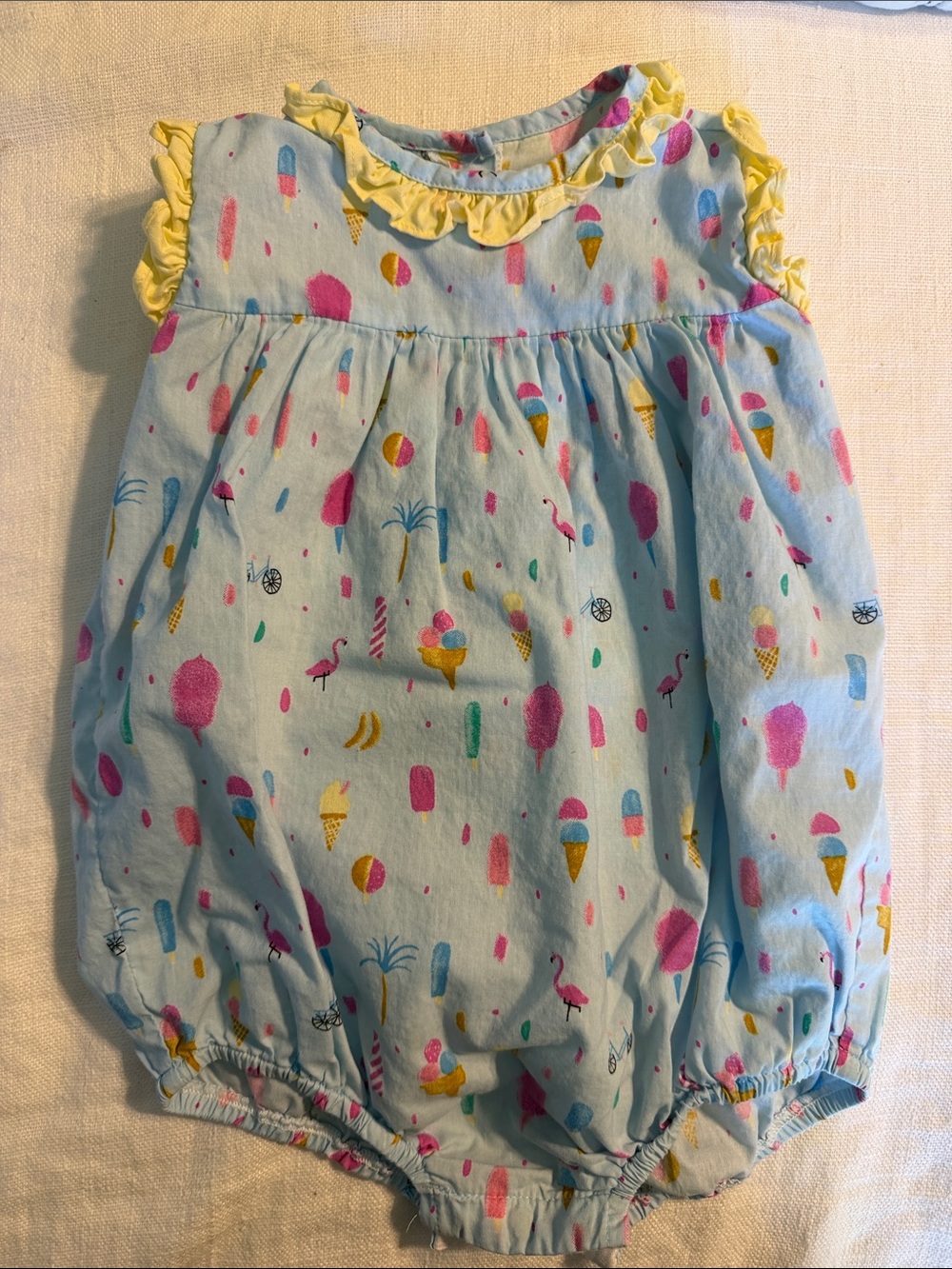 Pastel Blue Ice Cream & Popsicle Bubble Romper with Yellow Ruffle